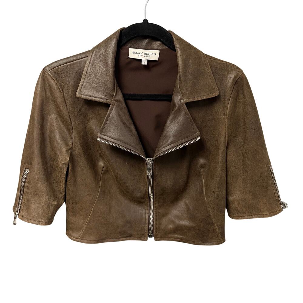 Susan Bender Cropped Leather Moto Jacket Dark Brown Womens Size 4 Neutral Grunge